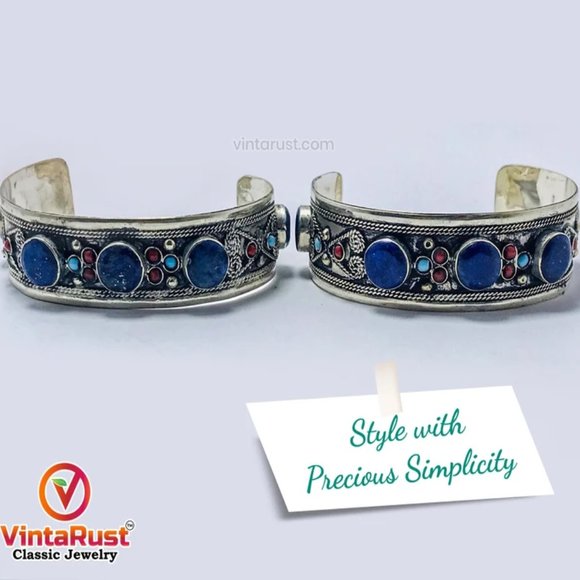 single Handmade Cuff Bracelet inlaid with Stones and Beads, Statement Cuff, Kuch - Picture 1 of 7